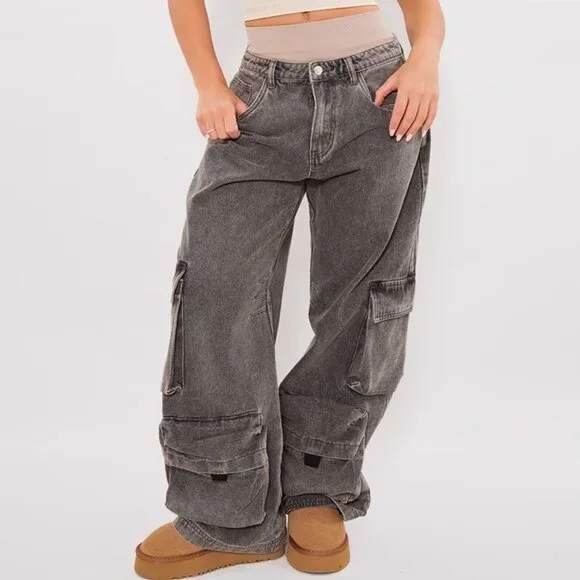 Pretty Little Thing Denim - Pretty Little Thing Washed Black Denim Wide Leg Boyfriend Fit Cargo Jeans Sz 10
